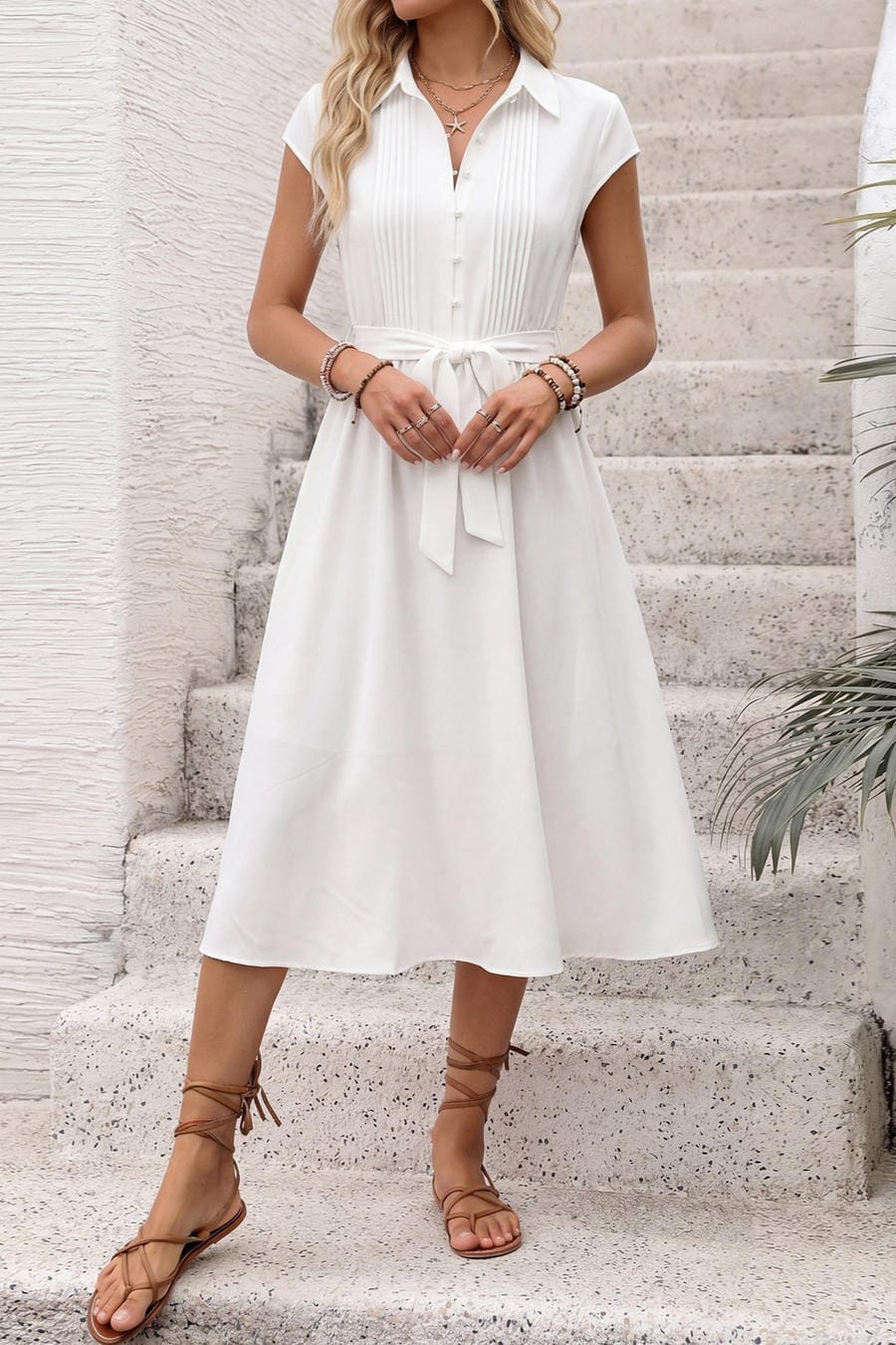 White Collared Button Down Midi Shirt Dress