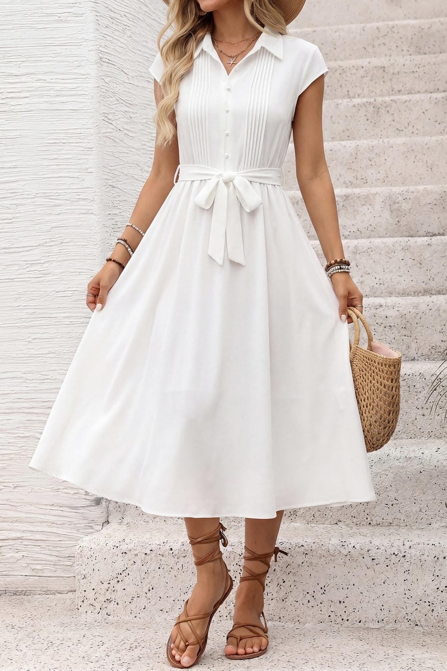 White Collared Button Down Midi Shirt Dress
