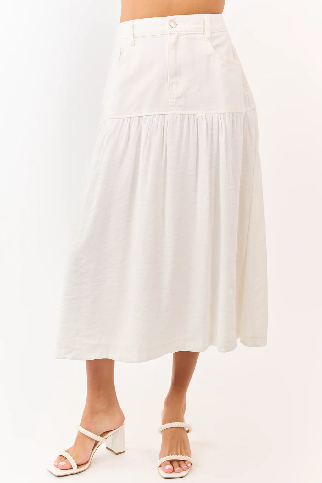 Ivory Denim Tiered Midi Skirt