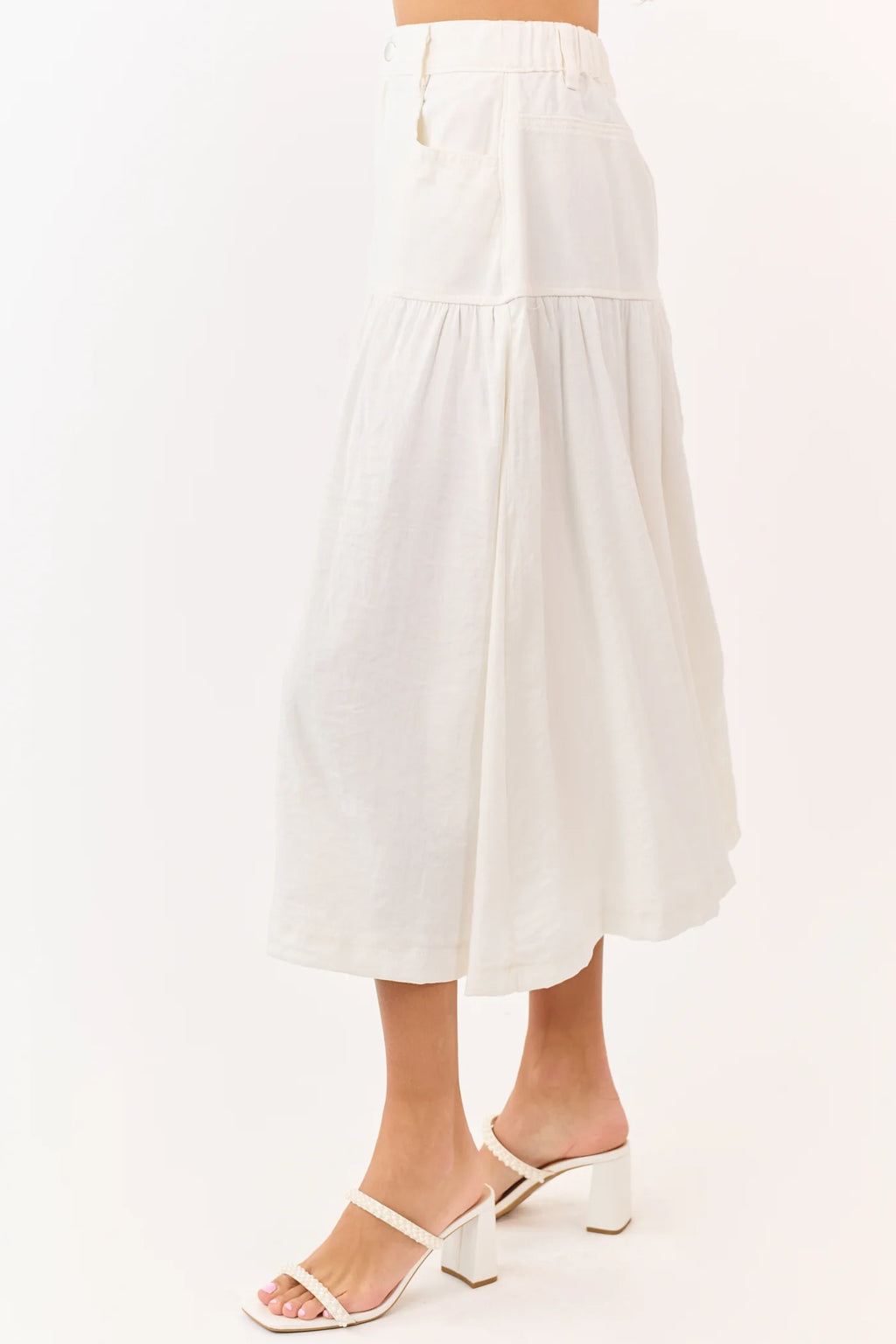 Ivory Denim Tiered Midi Skirt