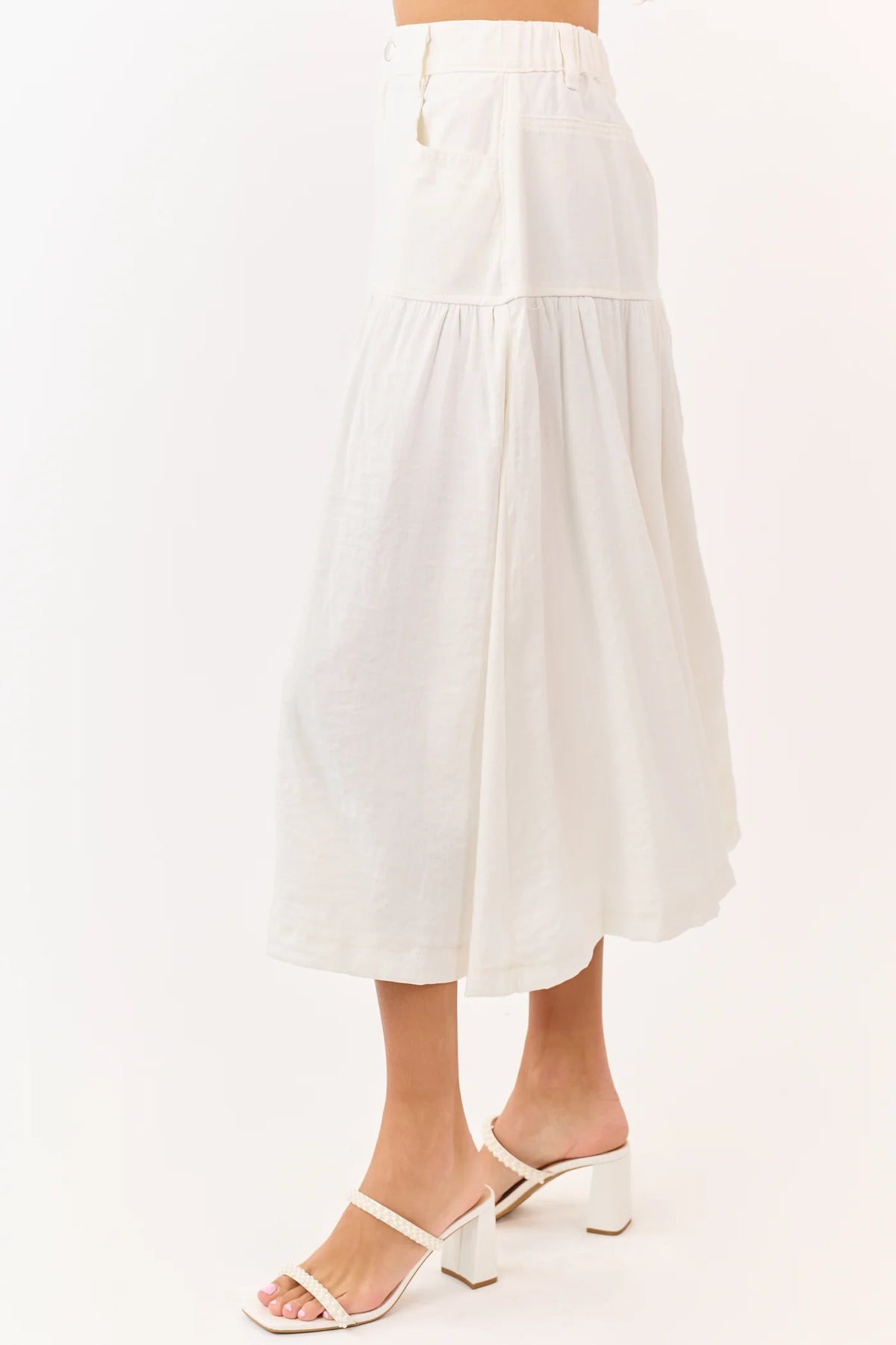 Ivory Denim Tiered Midi Skirt