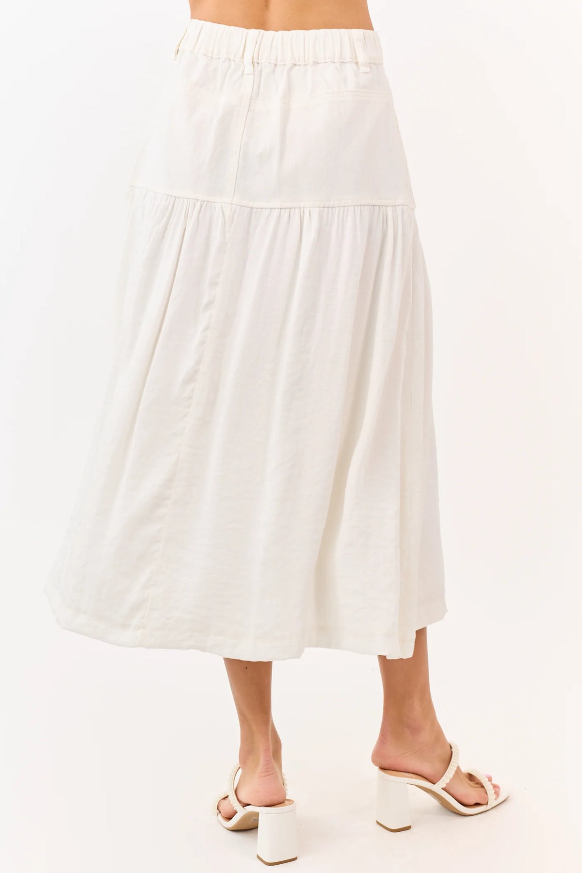 Ivory Denim Tiered Midi Skirt