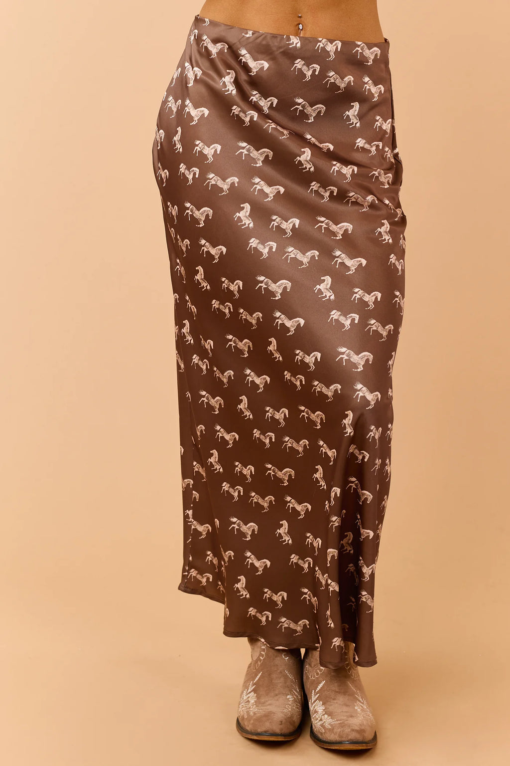 Mocha Horse Print Elastic Waist Satin Midi Skirt
