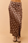 Mocha Horse Print Elastic Waist Satin Midi Skirt