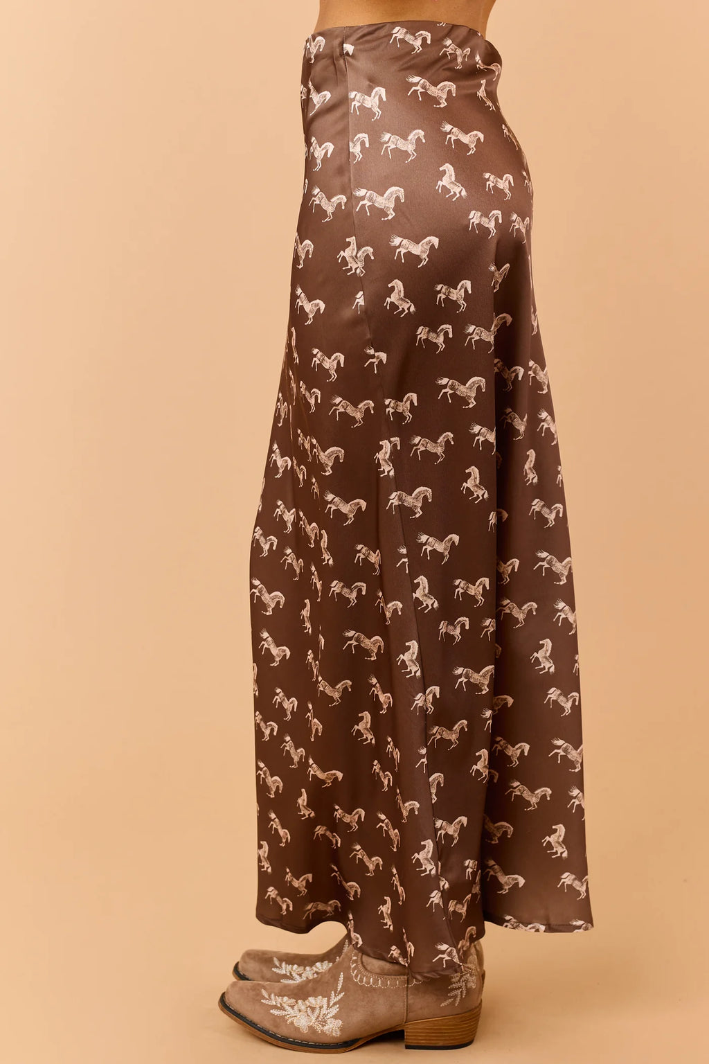 Mocha Horse Print Elastic Waist Satin Midi Skirt