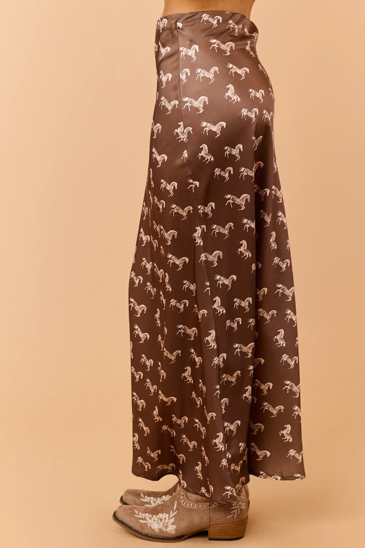 Mocha Horse Print Elastic Waist Satin Midi Skirt