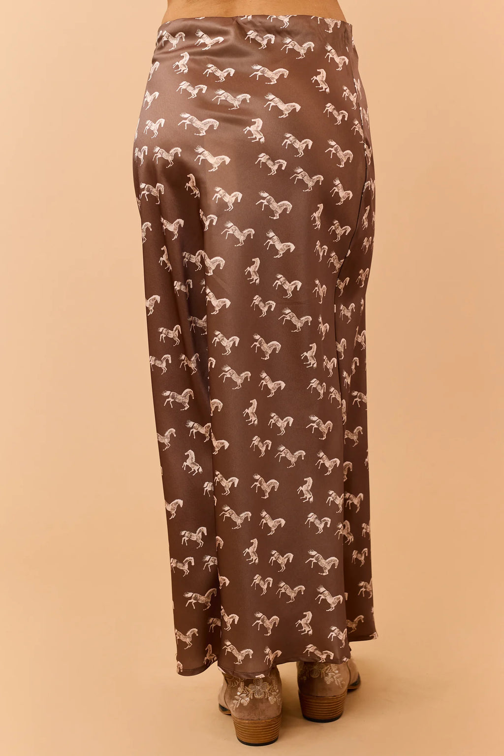 Mocha Horse Print Elastic Waist Satin Midi Skirt