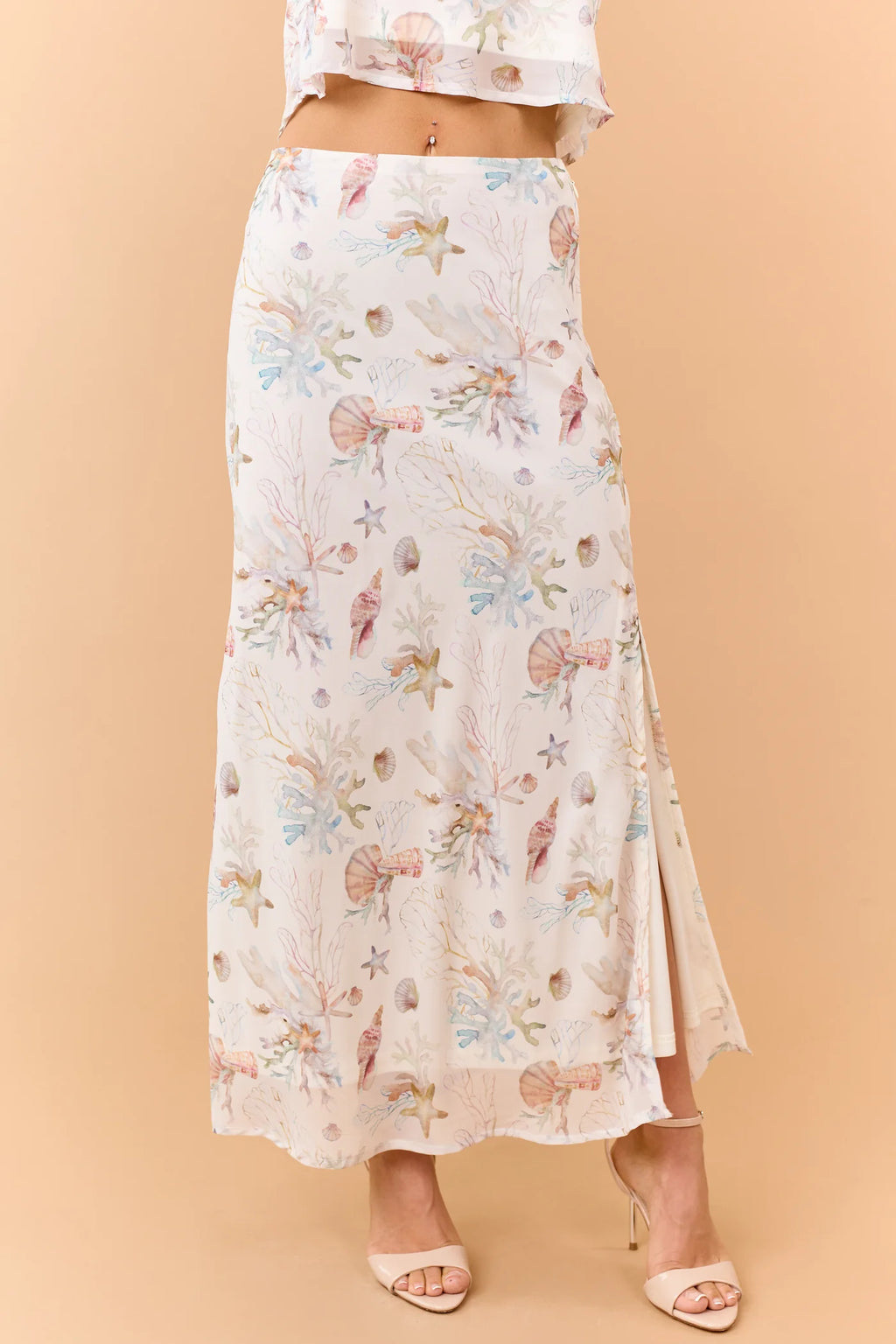 Cream Coral Reef Print Chiffon Side Slit Maxi Skirt