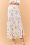 Cream Coral Reef Print Chiffon Side Slit Maxi Skirt