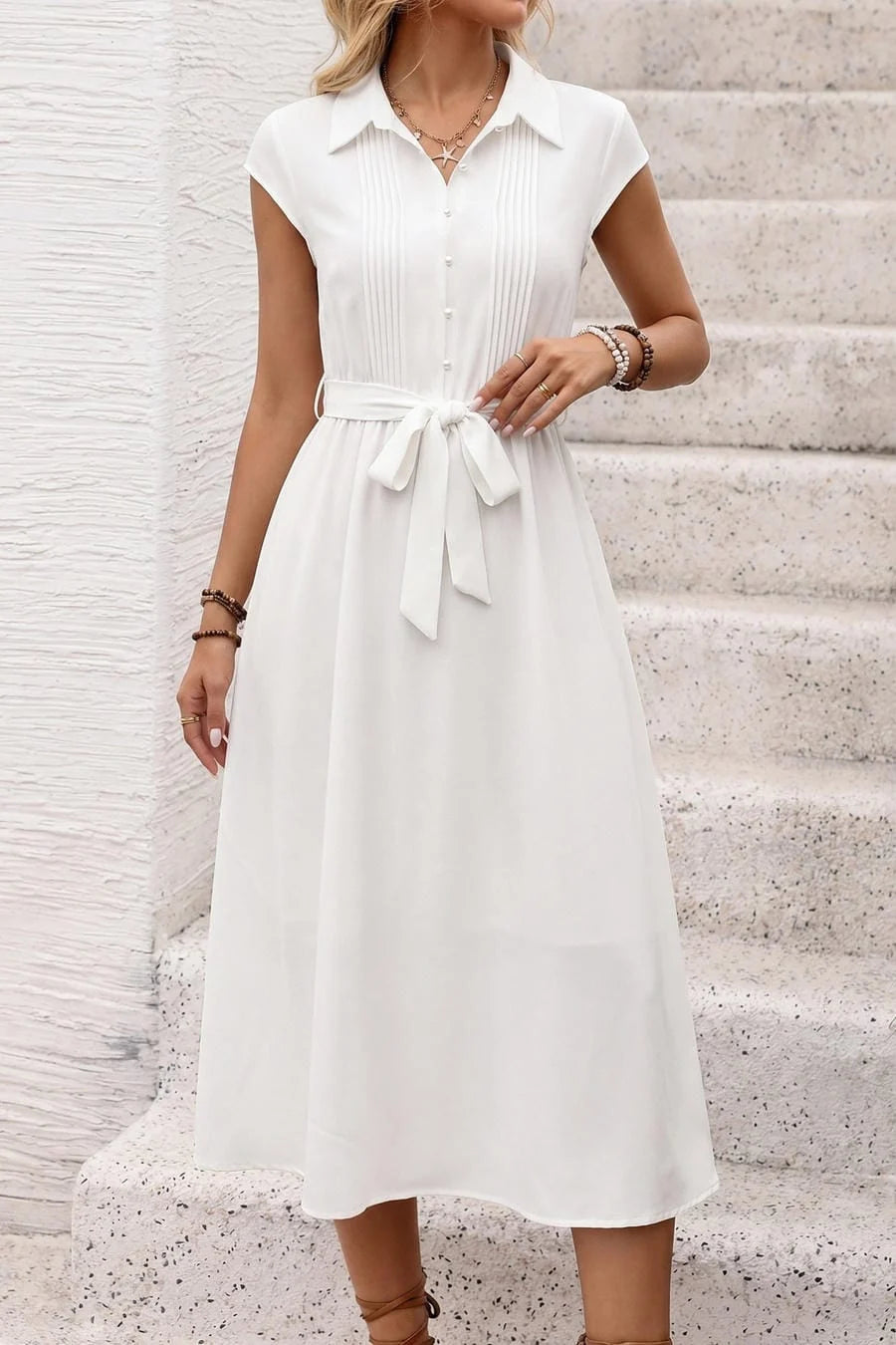White Collared Button Down Midi Shirt Dress