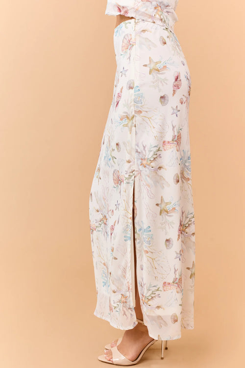 Cream Coral Reef Print Chiffon Side Slit Maxi Skirt