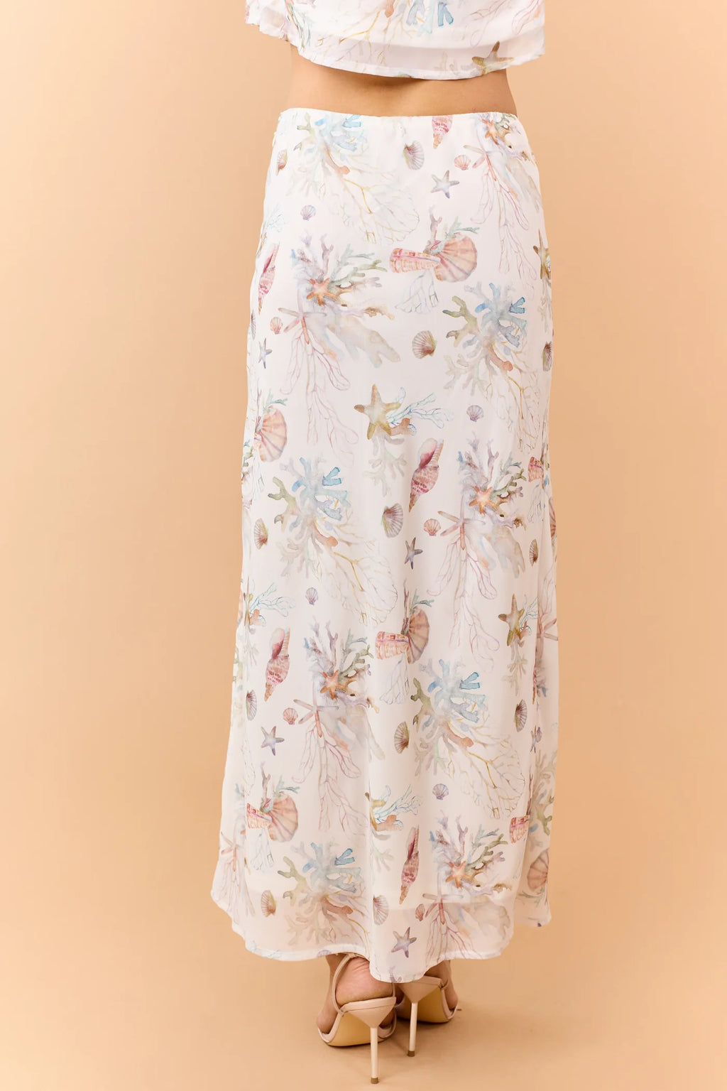 Cream Coral Reef Print Chiffon Side Slit Maxi Skirt