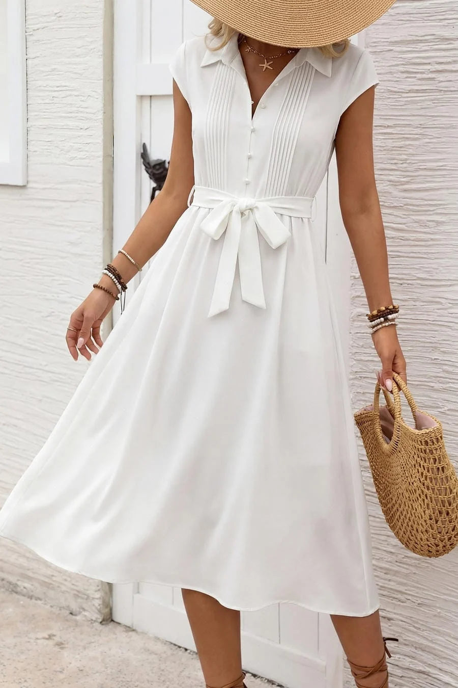 White Collared Button Down Midi Shirt Dress