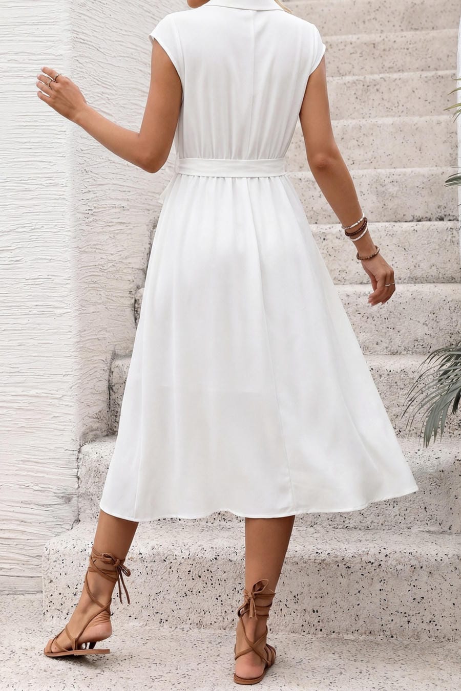 White Collared Button Down Midi Shirt Dress